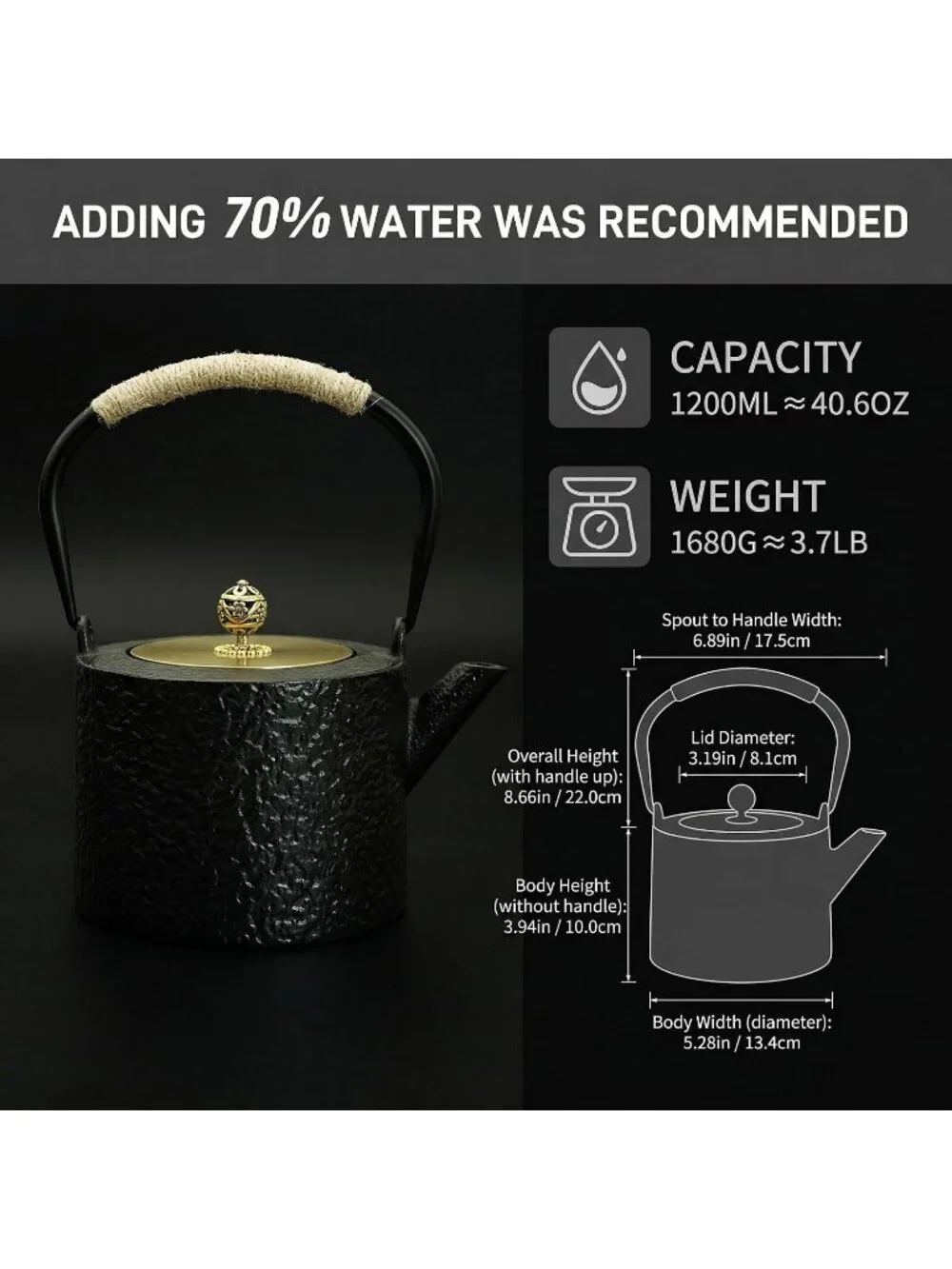 Black Cast Iron Kitchen Japanese Tetsubin Tea Pot 40.6oz Stovetop Tea Kettle